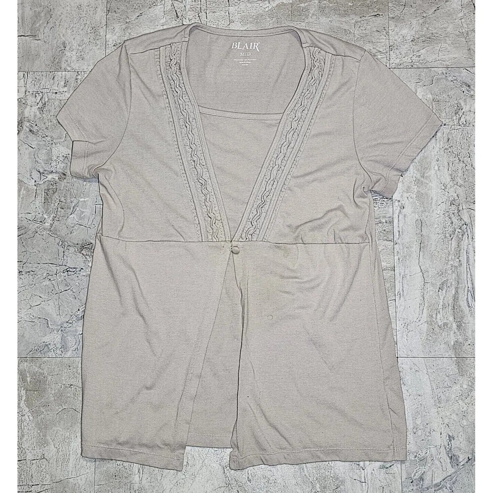 Blair Womens Medium Shirt Top - Beige / Tan Short Sleeve Blouse Casual Brown